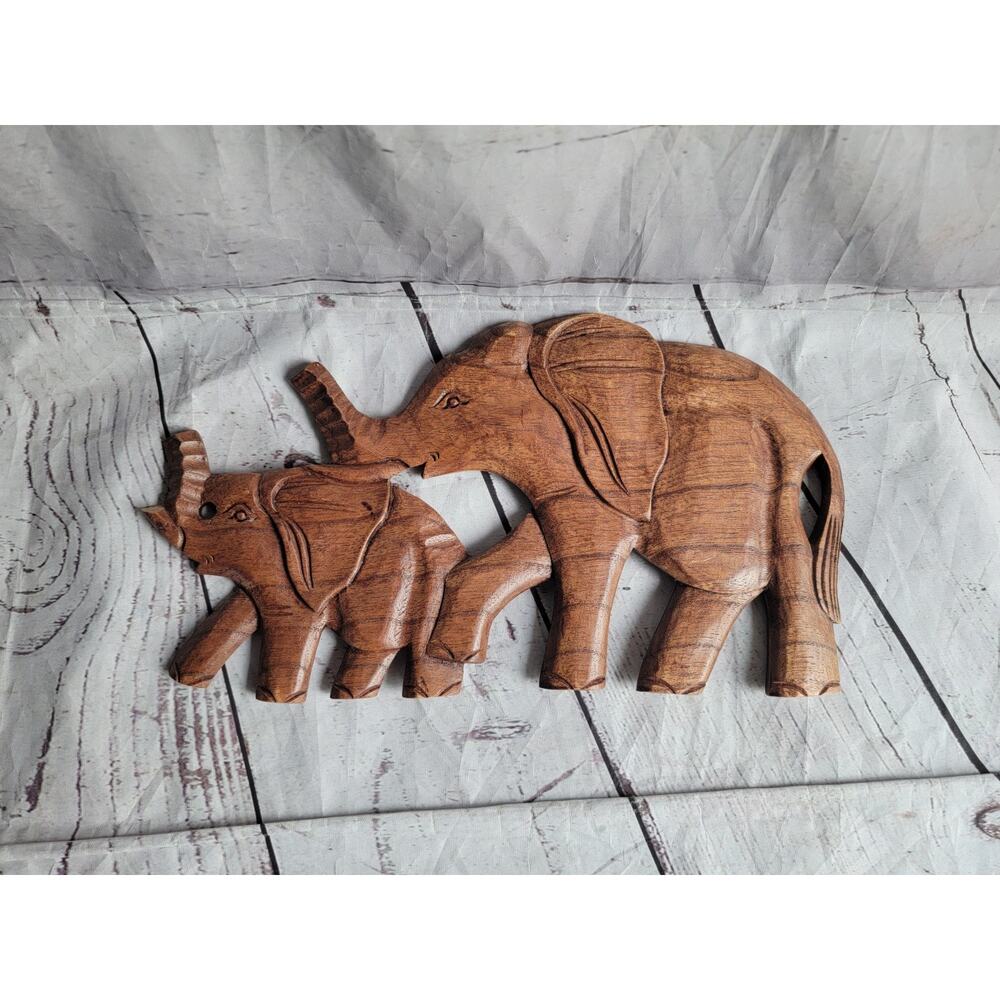 Hand Carved Elephant Hanging Wall Folk Art Mom Baby Elephant With Trunks Up READ